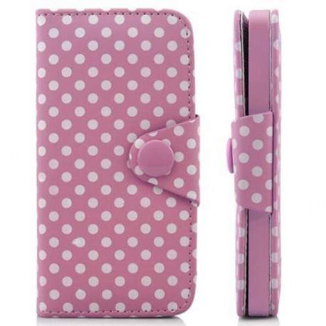 Etui cuir POIS rose portefeuille pour iPhone 5