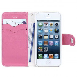 Etui portefeuille cuir DELUXE rose pour iPhone 5