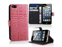 Etui cuir portefeuille CROCO rose pour iPhone 5 et 5S