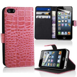 Etui cuir portefeuille CROCO rose pour iPhone 5 et 5S