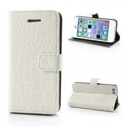 Etui cuir portefeuille CROCO blanc pour iPhone 5 et 5S