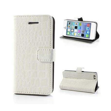 Etui cuir portefeuille CROCO blanc pour iPhone 5 et 5S