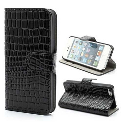 Etui cuir portefeuille CROCO noir pour iPhone 5 et 5S