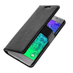 Housse Etui cuir Folio noir Samsung Galaxy Alpha