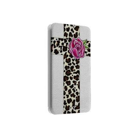 Etui portefeuille cuir CROIX LEOPARD Samsung Galaxy S3, A3, A5, A7, J1, J5, Grand etc ...